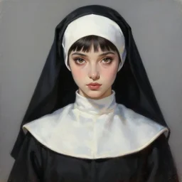 a ultradetailed beautiful painting of a stylish nun, she has short black hair with bangs, by conrad roset, greg rutkowski and makoto shinkai trending on artstation