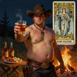 a dramatic, epic, ethereal, serene painting of a handsome thicc shirtless cowboy with a beer belly wearing a leather belt and hat offering you a drink and a campfire | background is a late night with food and jugs of  whisky | tarot card, art deco, art nouveau, homoeroticism | by Mark Maggiori | trending on artstation