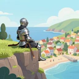 a knight rests on a cliff above a cozy and cute seaside village at sunset, dramatic lighting, vivid color, 1 6 bit pixel cover art, trending on artstation