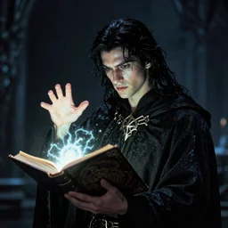a handsome young dark sorcerer casting a necromancer spell, evil glowing spellbook, photorealistic 35mm