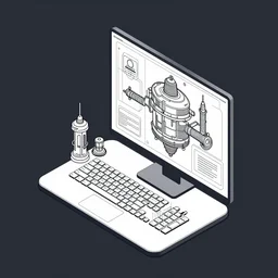 linux computer, concept art, industrial sci - fi, technical drawing, vector art, isometric illustration