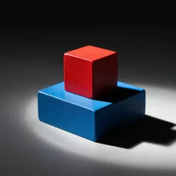 a red block on a blue block on a table
