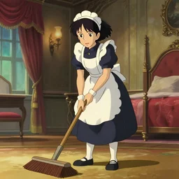 animation key shot of a pretty woman with black hair dressed as a maid sweeping the floor in an elegant palace bedroom, studio ghibli, pixar and disney animation, sharp, rendered in unreal engine 5, anime key art by greg rutkowski, bloom, dramatic lighting