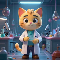 An anthropomorphic mad scientist cartoon cat in his lab. Unreal Engine 5. DAZ. Octane render. Symmetrical. Attention to detail. Vibrant bright colours. High saturation. Extremely moody lighting. Atmospheric. Cinematic. Intricate. 8K. Stunning. Breathtaking. Awe-inspiring. Award-winning. Concept art. Trending. ArtStation