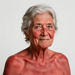 An old lady with red skin, red skin, red skinned, in the style of Persona 5, Persona 5, Persona 5 artwork
