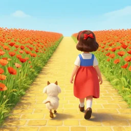 dorothy and toto walk down the yellow brick road through a field of poppies, emerald city looms in the distance, technicolor, 4 k