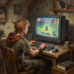 fantasy oil painting, goblind sitting at a gaming pc, as a dnd character, playing smash brothers, big monitor, 9 0 s crt, inside a cluttered bedroom, cottagecore, extremely detailed, bookcover illustration, concept art, readability, smooth, sharp focus, art by brothers hildebrandt, art by alex grey