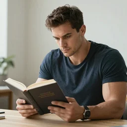 strong buff man reading a book , award winning photograph , HD , 4k
