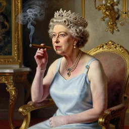 old queen elizabeth the 2 nd smoking a cigar in a swimsuit, royal interior, highly detailed painting extremely beautiful and aesthetic and detailed, with familiar sprites, chiaroscuro, intricate, masterpiece, fantasy illustrations by ilya kuvshinov and jeremy lipking and quentin mabille