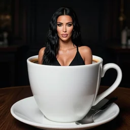 Kim Kardashian inside a giant cup of coffee, cinematic, highly detailed, HD, 4K, professional image, professional lighting