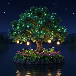 tree, overgrown, island, lake, flowers, lanterns, dark, night, stars, glowing, glitter, vibrant, digital art, octane render, trending on artstation