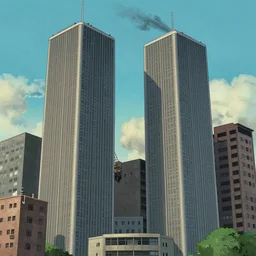Attack on Twin Towers art in the style of Hayao Miyazaki