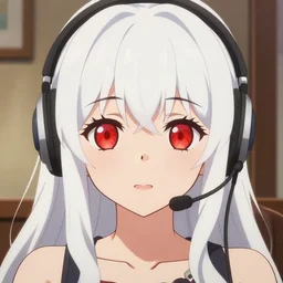 high quality anime visual of a cute girl, with red eyes!!!! and long white hair!!!! wearing a headset in her room interior, art by ilya kuvshinov, crunchyroll, pixiv, danbooru, hd, detailed anime face, cel shaded, smooth mouth, digital art, ambient lighting