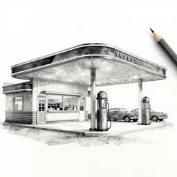 a pencil and watercolor art of a beautiful luxurious gas station, retro and 1 9 8 0 s style, beautiful architecture, retro coloring, retro and 1 9 8 0 s style, retro and 1 9 8 0 s filter, black and white, no color