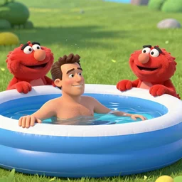 jerry seinfeld drowning jim varney in an inflatable kids pool as barney looks on and laughs in the background highly detailed award winning photo