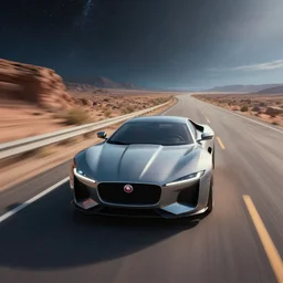 futuristic jaguar marque car driving on the lost highway to outer space. linear perspective. vanishing point. super highway. high speed. digital painting. digital render. beeple. noah bradley. cyril roland. ross tran. trending on artstation.