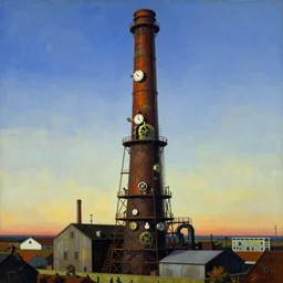 a flue - gas stack covered in clockwork - like machinery and ancient scaffolding, wide perspective, surrealist metaphysical painting by kay sage, yves tanguy, giorgio de chirico, 1 9 5 0 s, vibrant colors, wikiart