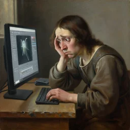 masterpiece painting of a 3d artist sad, crouched and desperate looking at the computer screen with Autodesk Maya opened, oil on canvas, renaissance
