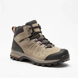 ivory hiking boots, commercial catalog photo, isolated on a pure white background, centered, entire object in frame, sharp focus, soft studio lighting