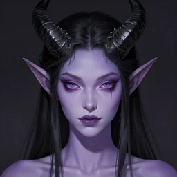 a portrait of a tiefling with light purple skin and black hair, symmetrical black horns stunning digital painting trending on artstation