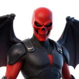fortnite character, red skull head, black bat wings