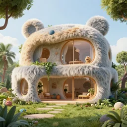 detailed architectural render of a futuristic home furry fuzzy muppets shape hairy surreal atmosphere inspired by postmodernism lush fun hyperreal hyperdetailed 3 d samaritual 8 k real engine