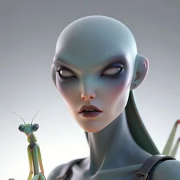 first contact facial portrait, female humanoid sci - fi mantis, retro - futuristic, evil angry, high details, by vincent di fate, artgerm julie bell beeple, 9 0 s, 3 d, matte, smooth gradients, volumetric lightning, light from below, high contrast, duo tone, depth of field