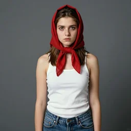 frontal portrait of a young ( thugish ) woman, wearing a red headscarf, a white tank top, and jeans, by norman rockwell.