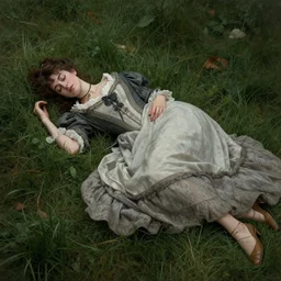 stylized portrait by aykutmakut of an artistic pose, composition, young victorian fancy lady sleeping over the grass, cinematic moody colors, realistic shaded, fine details, realistic shaded lighting poster by ilya kuvshinov, magali villeneuve, artgerm, jeremy lipkin and michael garmash and rob rey