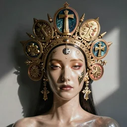 a beautiful cyborg made of catholic and pagan symbols ceremonial maske
