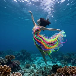 jennifer connelly dancing underwater wearing a very long dress made of a chaos of neon colors and lights flowing sideways in a strong current of water, coral sea bottom, octane render, caustics lighting from above, cinematic, hyperdetailed