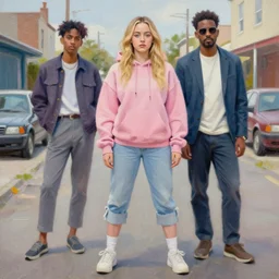 ( ( hunter schafer ) ) sydney sweeney from die antwoord by martine johanna and donato giancola, wearing a hoodie, standing in a township street, street fashion outfit,!! haute couture!!, full figure painting by john berkey, david choe, ismail inceoglu, pastel color, detailed impasto brush strokes, 2 4 mm lens