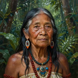 a beautiful painting portrait of a very old indigenous grand-mother in the amazon jungle, matte painting, fantasy art, ayahuasca, highly detailed