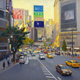an edward hopper style painting of a busy road in tokyo shibuya, golden hour