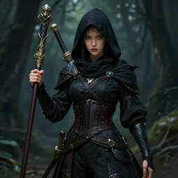 character portrait of female hooded ninja thief beetle - rider, battle hardened imposing noble bearing, partially cloaked and hooded in thick black fabrics - exquisitely detailed weaponry and ornate staff, battle armor, dark forest fantasy atmosphere. dramatic lighting, digital painting, intricate, beautiful, rich deep colors masterpiece, sharp focus, ultra detailed