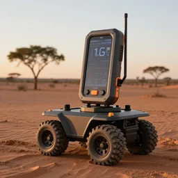 peaceful mobile biomimetic rugged anemometer station sensor antenna on all terrain tank wheels, for monitoring the australian desert,  XF IQ4, 150MP, 50mm, F1.4, ISO 200, 1/160s, dawn