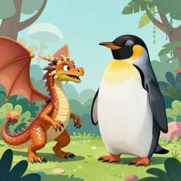 A dragon with no limbs, fighting a giant penguin in a shiny swimsuit above a colorful junglen