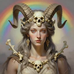 stunning grec goddess of skull portrait, horns, bones skull, dirt, rainbow background fantasy, intricate, elegant, highly detailed, digital painting, artstation, concept art, smooth, sharp focus, illustration, art by afshar petros and krenz cushart and artem demura