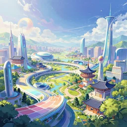 landscape, korean style city of the future, fantastic space, storybook illustration, visual novel, electric colors, 3 d, 4 k, pantone, curve, geometric, natural lighting, by mark brooks