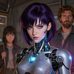 heavy makeup. cybertronic mechanoid led lit fembot. standby. highly detailed portrait of dark purple haired motoko kusanagi with a messy hairstyle. screenshot from hbo's westworld ( 2 0 1 6 ), norman rockwell, stephen bliss, 8 k, art by greg rutkowski, makoto shinkai, global radiant illumination, detailed and intricate environment
