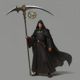 detailed digital art of a mage holding a tall scythe-like weapon with an armillary attached to the top of it; magic the gathering art by Volkan Baga, rk post, Raymond Swanland, artstation