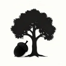 minimal silhouette art of acorn that turns into a tree in the shape of a treble clef, a big scar down the middle, splashes of color, inspirational and powerful