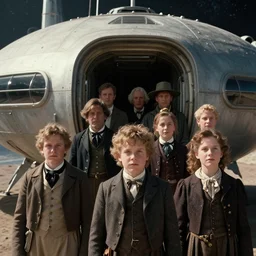 detailed, sharp, film still from a sci fi blockbuster movie made in 2022, set in 1860, of a family leaving a spaceship, that has just landed on an alien planet, wearing 1850s era clothes, good lighting, 4k, HD, in focus faces, detailed faces, oscar winner, high quality photography, 35mm macro lens