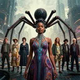 realistic detailed photorealistic portrait movie shot of a beautiful black woman with a giant spider, dystopian city landscape background by denis villeneuve, amano, yves tanguy, alphonse mucha, ernst haeckel, jean delville, david lynch, edward robert hughes, roger dean, cyber necklace, rich moody colours, cyber patterns, wide angle