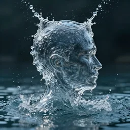 water splashes forming a shape of a human head, ray tracing, realistic water sharp focus, long shot, 8 k resolution, cinematic