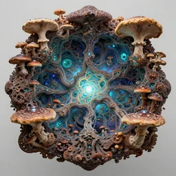 polyphonic symphony of fungal bio - communications inside a surreal 3 d fractal temple made up of organic fungal mushroom and mycelium, bioluminescent surfaces, inspired by benoit mandelbrot, james jean, rhads & peter mohrbacher & agostino arrivabene