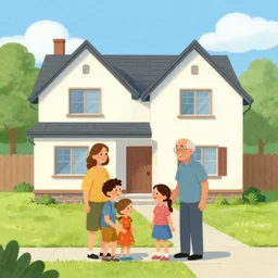illustration happy family near new house, real estate, by nuri iyem, james gurney, james jean, greg rutkowski, anato finnstark