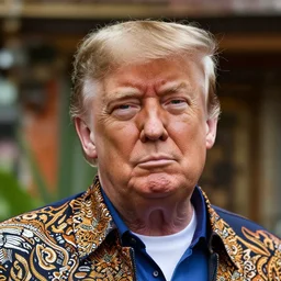 a portrait photo of donald trump wearing batik bali when holiday in bali, perfect faces, sigma 3 5 mm