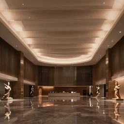 interior of a hallroom with amazing ambient and 3 d layered celing with reflection in floors and sculptures in corners