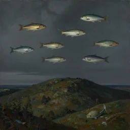 A landscape painting of a hill with fishes floating in the sky by James Gilleard, Mark Ryden, Wolfgang Lettl highly detailed, Dark cineamtic and atmospheric lighting